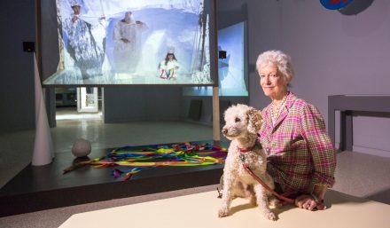 Joan Jonas and her dog, Ozu, at the Venice Biennale 2015. Photo by Moira Ricci