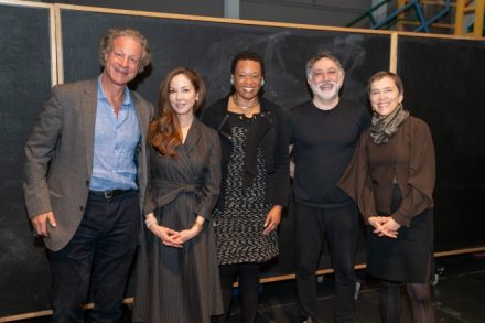 Left to right: David Fialkow; Nina Fialkow; Melissa Nobles, Kenan Sahin Dean of the MIT School of Humanities, Arts, and Social Sciences; Hashim Sarkis, dean of the MIT School of Architecture and Planning; and Caroline Jones, professor in the Department of Architecture and director of the Transmedia Storytelling Initiative. Photo: Bryce Vickmark.