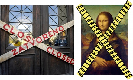 CULTUREShutdown Left: Planks nailed to the main entrance of the National Museum in Sarajevo symbolically marked the closure of one of the most important cultural and historic institutions of BH, Oct. 4, 2012. Foto: RSE / Midhat Poturović; Right: Azra Aksamija, Mona Lisa Erased, 2013. Photomontage. Logo design: Jegan Vincent de Paul. 