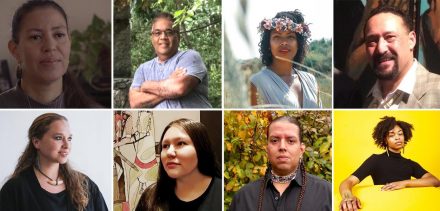 Thinking Big: Visions for the Future of Native Artists in Public Art. Top, left to right: Elizabeth James-Perry, Bruce Curliss, Jenny Oliver, and Robert Peters. Bottom, left to right: Courtney M. Leonard, Tahnee Ahtoneharjo Growingthunder, Jonathan James-Perry, and Nia Holley.