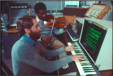 Violist Marcus Thompson and software developer Barry Vercoe, both MIT professors, collaborate on “Synapse for Viola and Computer,” included in the Computer Generations (Composers Recordings Inc., 1978) album, 1976. 