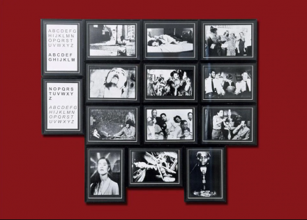 Renée Green, Between and Including, Set A (Akerman to Bogeyman), 1998. Black-and-white framed photographs, framed texts and painted wall. 14 panels, dimensions variable; 10 panels, 6 1/2 x 8 7/8 in. each; 4 panels, 8 7/8 x 6 1/2 in. (22.5 x 16.5 cm) each. Rubell Family Collection, Miami 