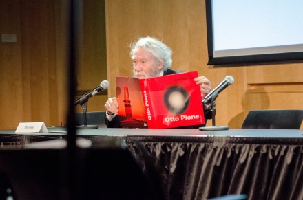 Former CAVS director, Otto Piene speaks at the Public Space? Lost & Found Symposium in 2014. Photo by Elisa Young 