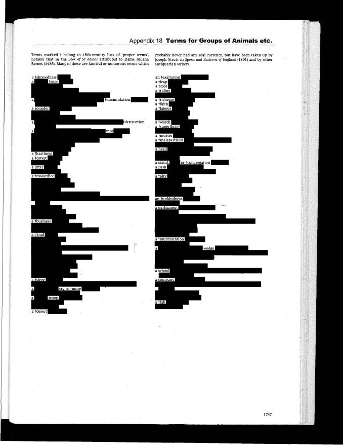 Terms for Groups of Animals (redacted). Organizing device for Act 1 of OPERA-19, curated by Christine Shaw.