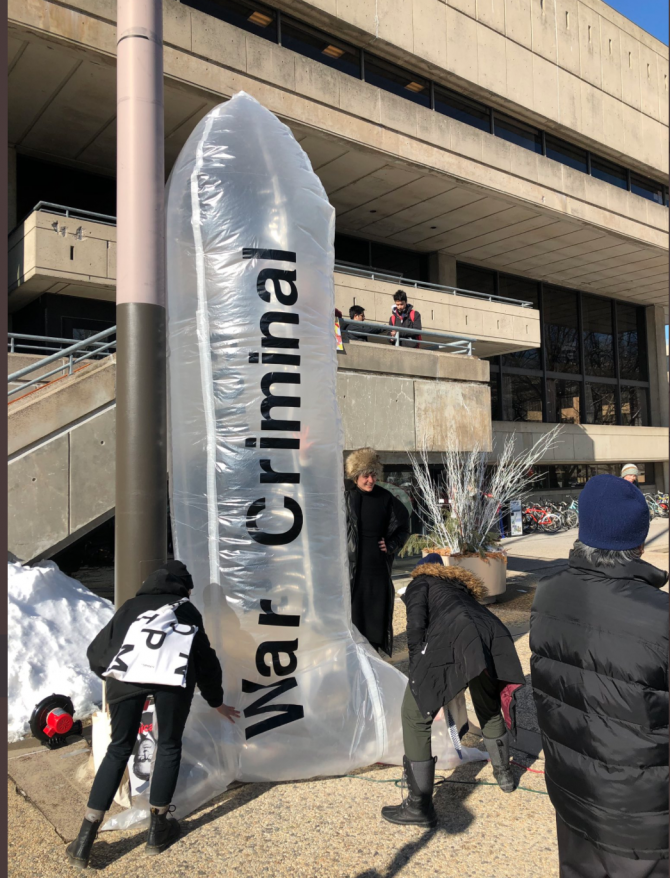 ACT February School students inflate a life sized sculpture of a missile to protest Henry Kissinger’s speaking appearance at the opening of the Stephen A. Schwarzman College of Computing, 2019. Photograph courtesy of Gary Zhexi Zhang.