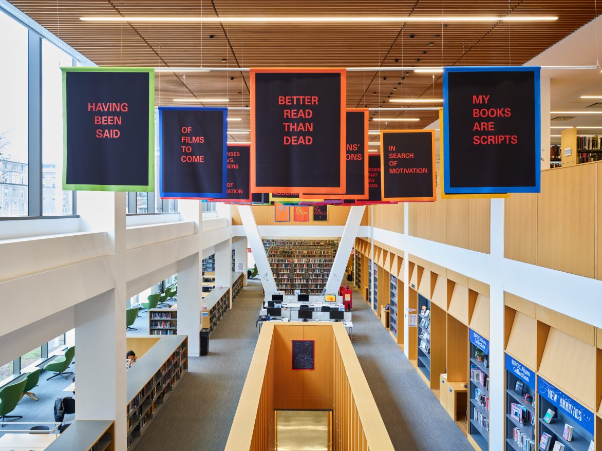 Renée Green. Space Poem 8.1 (Vide ma tête), 2022-2023, Barnard Library, New York. Installation view. Image: Guang Xu