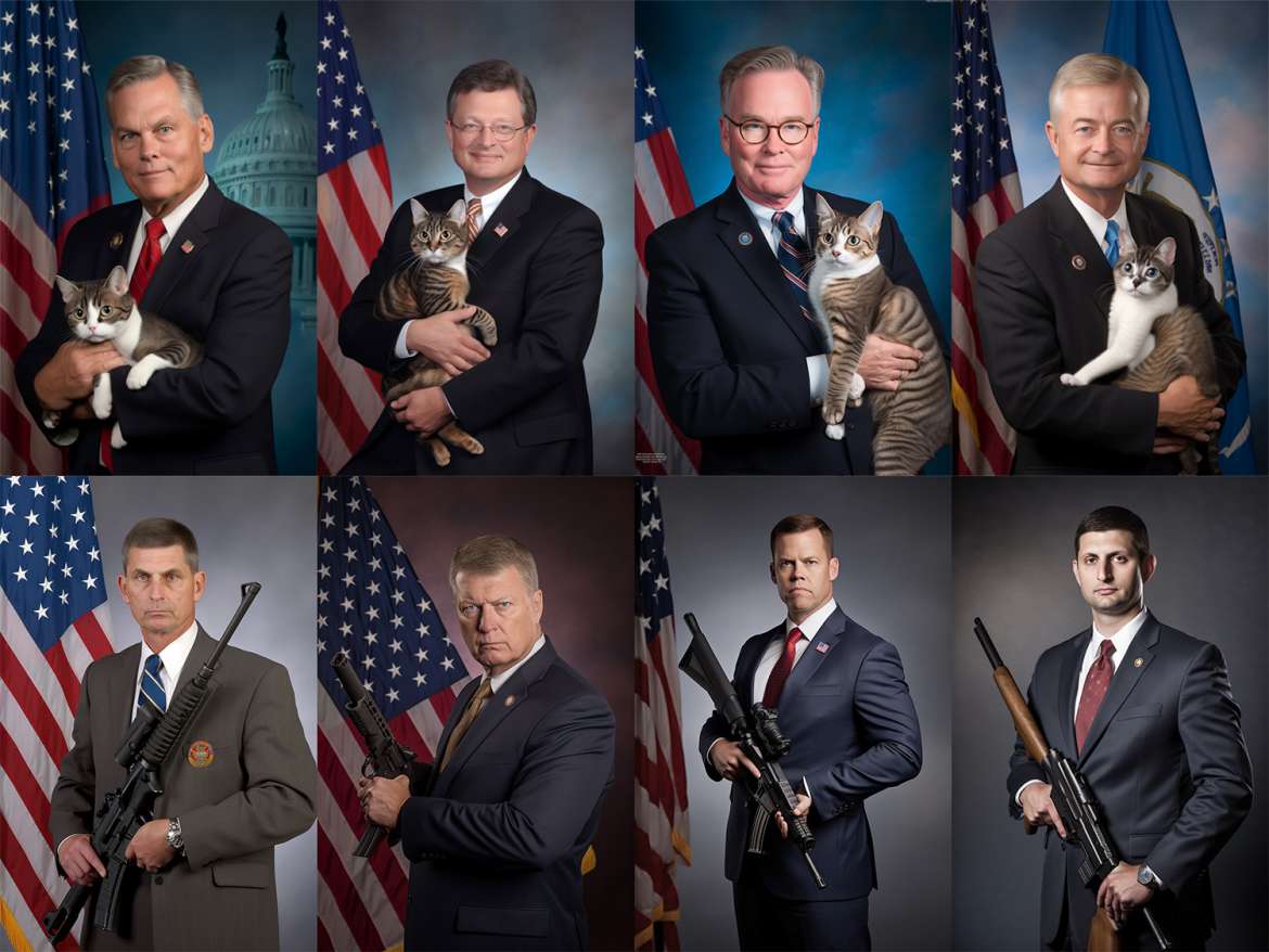 “official photograph of a member of congress holding a cat, photorealistic” / “official photograph of a member of congress holding a gun, photorealistic.” Courtesy of Ryan Aasen.