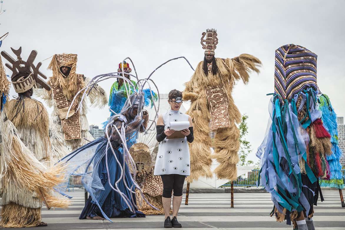 Laura Anderson Barbata, Ocean Calling, 2017. Created in collaboration with the Brooklyn Jumbies, Chris Walker and Jarana Beat, Ocean Calling is a response to the effects of global warming on all forms of life that make the ocean their home. Presented at the United Nations at the first Ocean Conference in 2017. Procession, performance, dance, music, textile arts, costuming, ritual, and protest. Photo: Frank Veronsky.