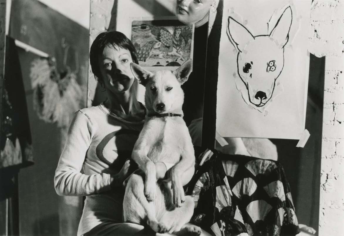 Joan Jonas in her studio with her dog Sappho, New York, 1972. Photo: Babette Mangolte, via The Museum of Modern Art New York.