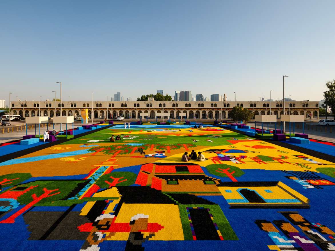 Christopher Joshua Benton, Where Lies My Carpet Is Thy Home. 2024. Astroturf. 6600 x 4200 cm. Commissioned by the Department of Culture and Tourism – Abu Dhabi for the Public Art Abu Dhabi Biennial 2024-2025. Image by Lance Gerber.