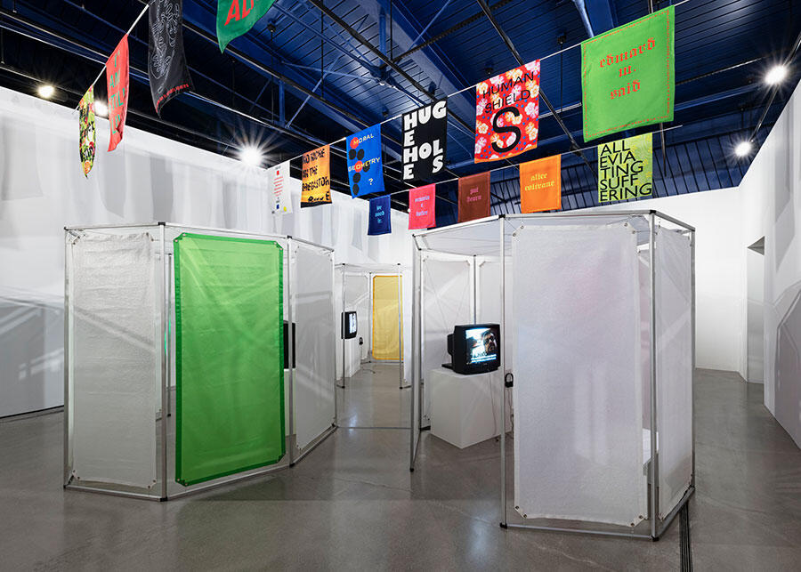 Renée Green, Wavelinks, 2002, and Space Poem #1, 2007, installation view, ‘Contact’, 2022, moCa Cleveland, Ohio, FRONT International 2022. Courtesy: the artist, Free Agent Media, and Bortolami, New York; photograph: © FieldStudio